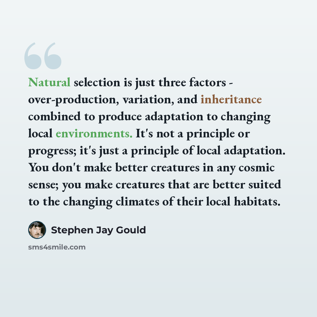 “Natural selection is just three factors - over-production, variation, and inheritance combined to produce adaptation to changing local environments. It's not a principle or progress; it's just a principle of local adaptation. You don't make better creatures in any cosmic sense; you make creatures…” quote by Stephen Jay Gould