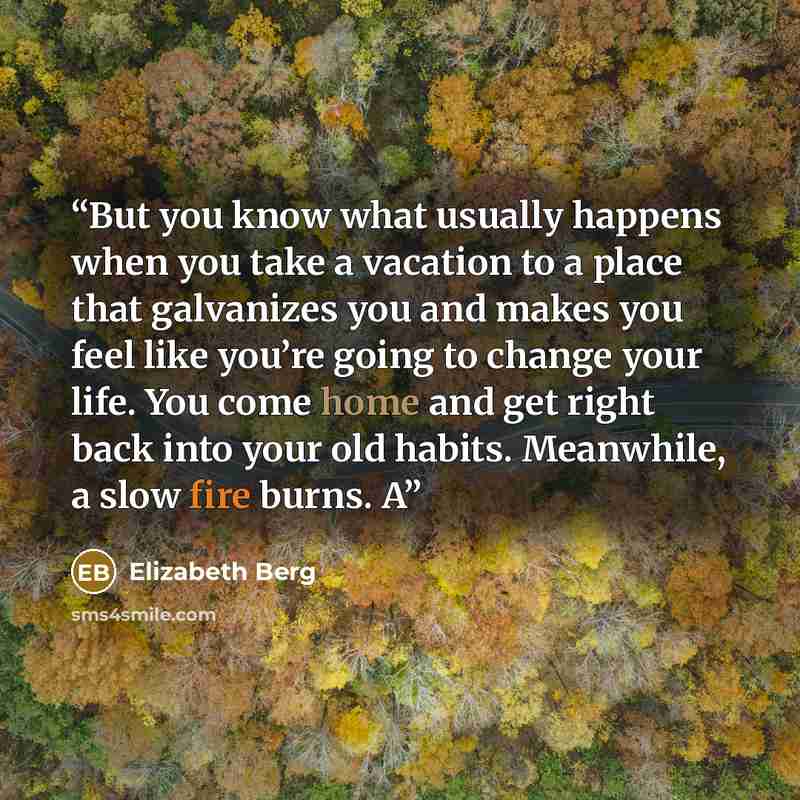 “But you know what usually happens when you take a vacation to a place that galvanizes you and makes you feel like you’re going to change your life. You come home and get right back into your old habits. Meanwhile, a slow fire burns. A” quote by Elizabeth Berg