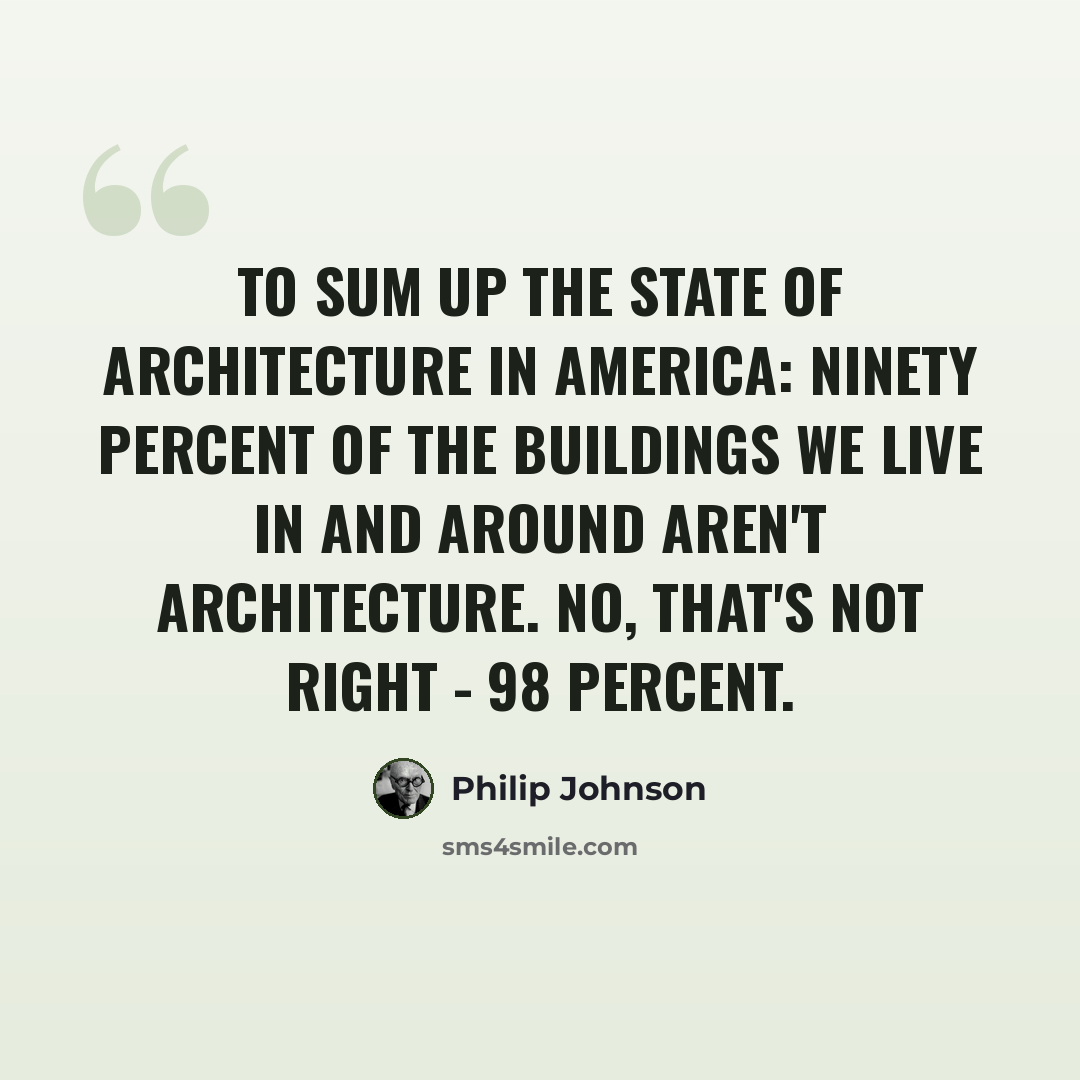 “To sum up the state of architecture in America: ninety percent of the buildings we live in and around aren't architecture. No, that's not right - 98 percent.” quote by Philip Johnson