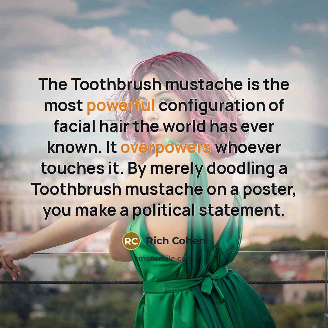 “The Toothbrush mustache is the most powerful configuration of facial hair the world has ever known. It overpowers whoever touches it. By merely doodling a Toothbrush mustache on a poster, you make a political statement.” quote by Rich Cohen