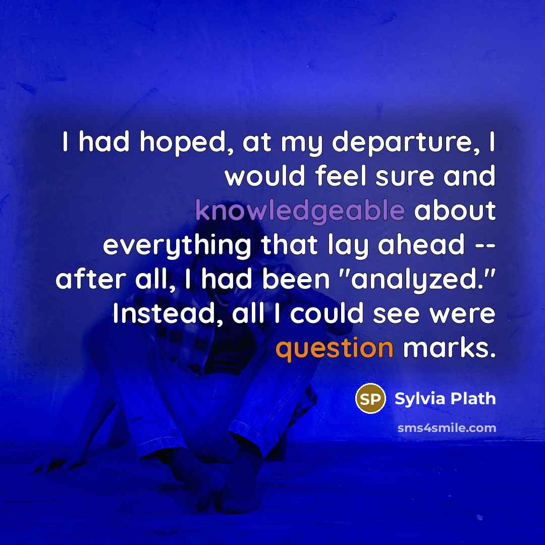 “I had hoped, at my departure, I would feel sure and knowledgeable about everything that lay ahead -- after all, I had been "analyzed." Instead, all I could see were question marks.” quote by Sylvia Plath