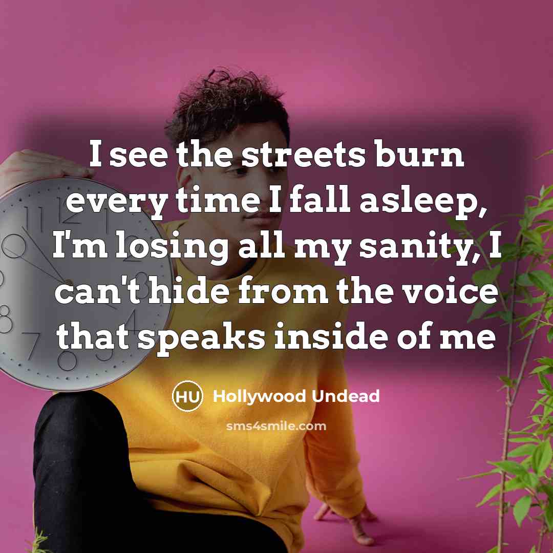 “I see the streets burn every time I fall asleep, I'm losing all my sanity, I can't hide from the voice that speaks inside of me” quote by Hollywood Undead