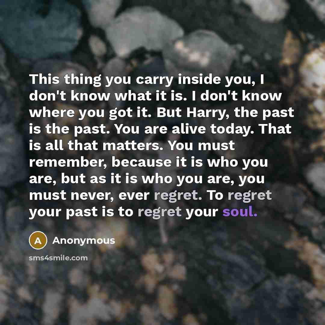 “This thing you carry inside you, I don't know what it is. I don't know where you got it. But Harry, the past is the past. You are alive today. That is all that matters. You must remember, because it is who you are, but as it is who you are, you must never, ever regret. To regret your past is to…” quote by Anonymous