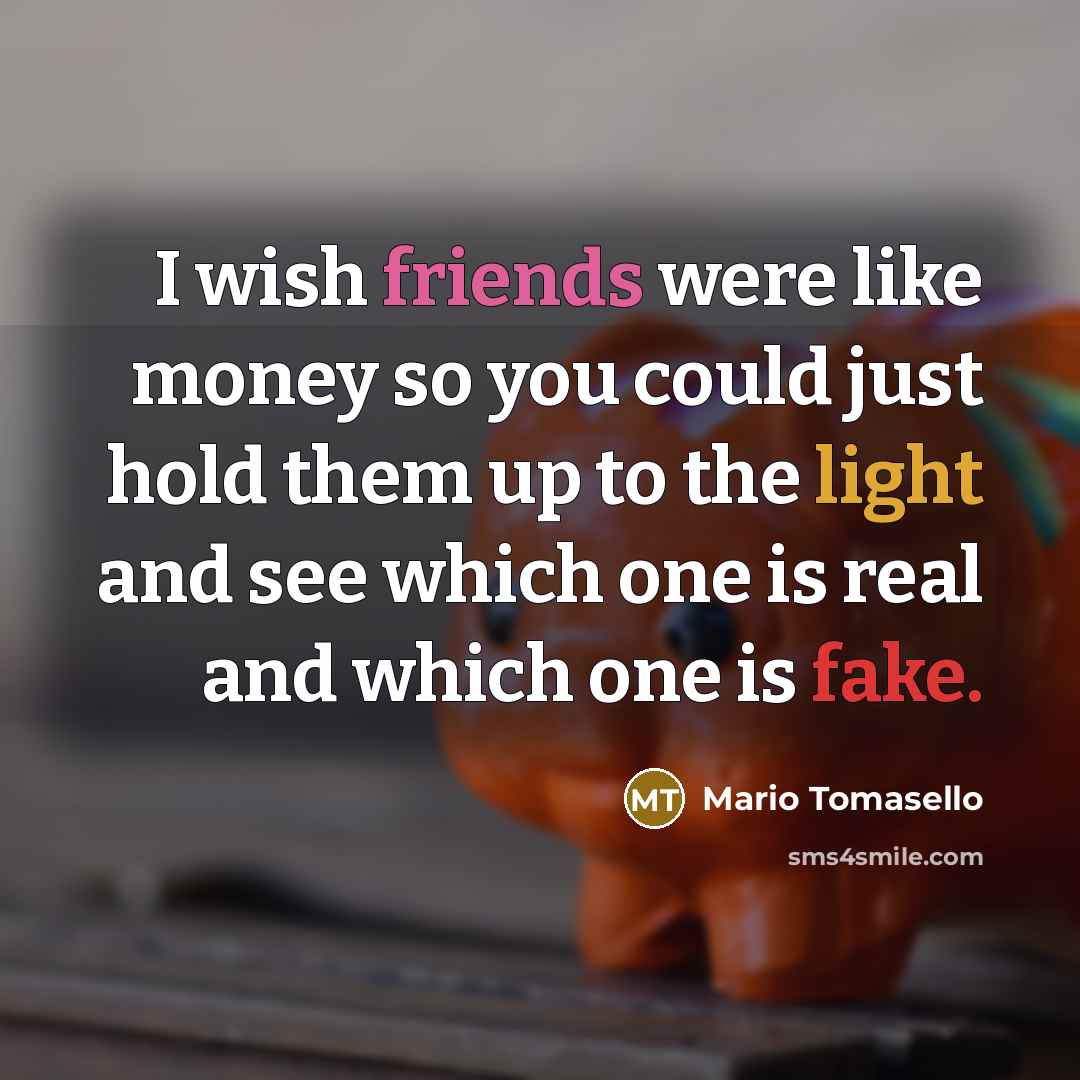 “I wish friends were like money so you could just hold them up to the light and see which one is real and which one is fake.” quote by Mario Tomasello