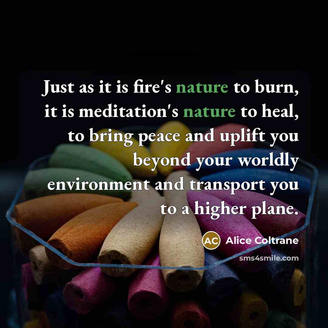 “Just as it is fire's nature to burn, it is meditation's nature to heal, to bring peace and uplift you beyond your worldly environment and transport you to a higher plane.” quote by Alice Coltrane