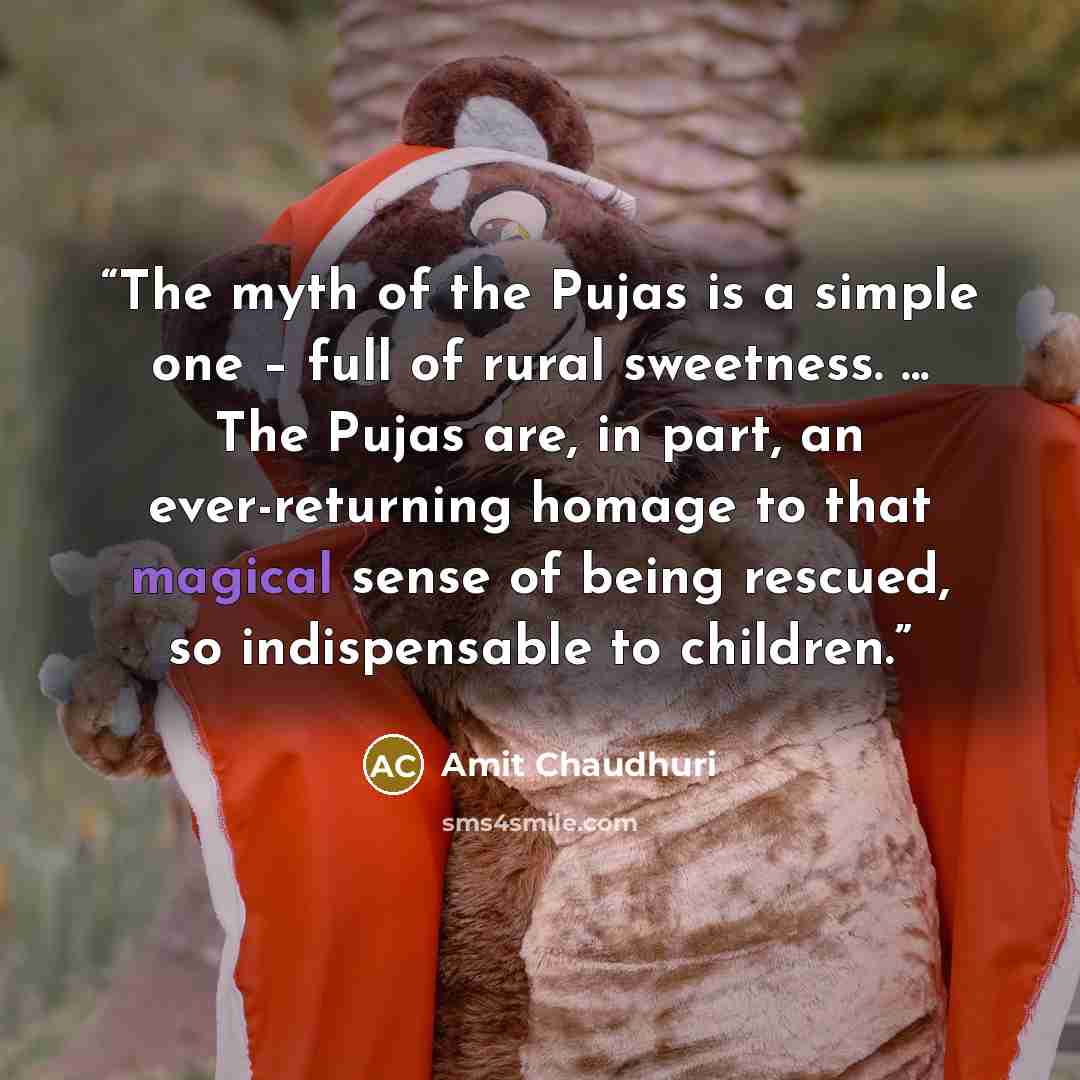 “The myth of the Pujas is a simple one – full of rural sweetness. ... The Pujas are, in part, an ever-returning homage to that magical sense of being rescued, so indispensable to children.” quote by Amit Chaudhuri