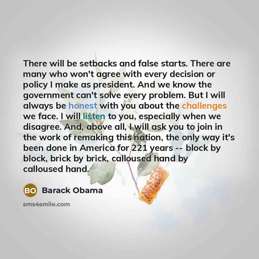 “There will be setbacks and false starts. There are many who won't agree with every decision or policy I make as president. And we know the government can't solve every problem. But I will always be honest with you about the challenges we face. I will listen to you, especially when we disagree…” quote by Barack Obama