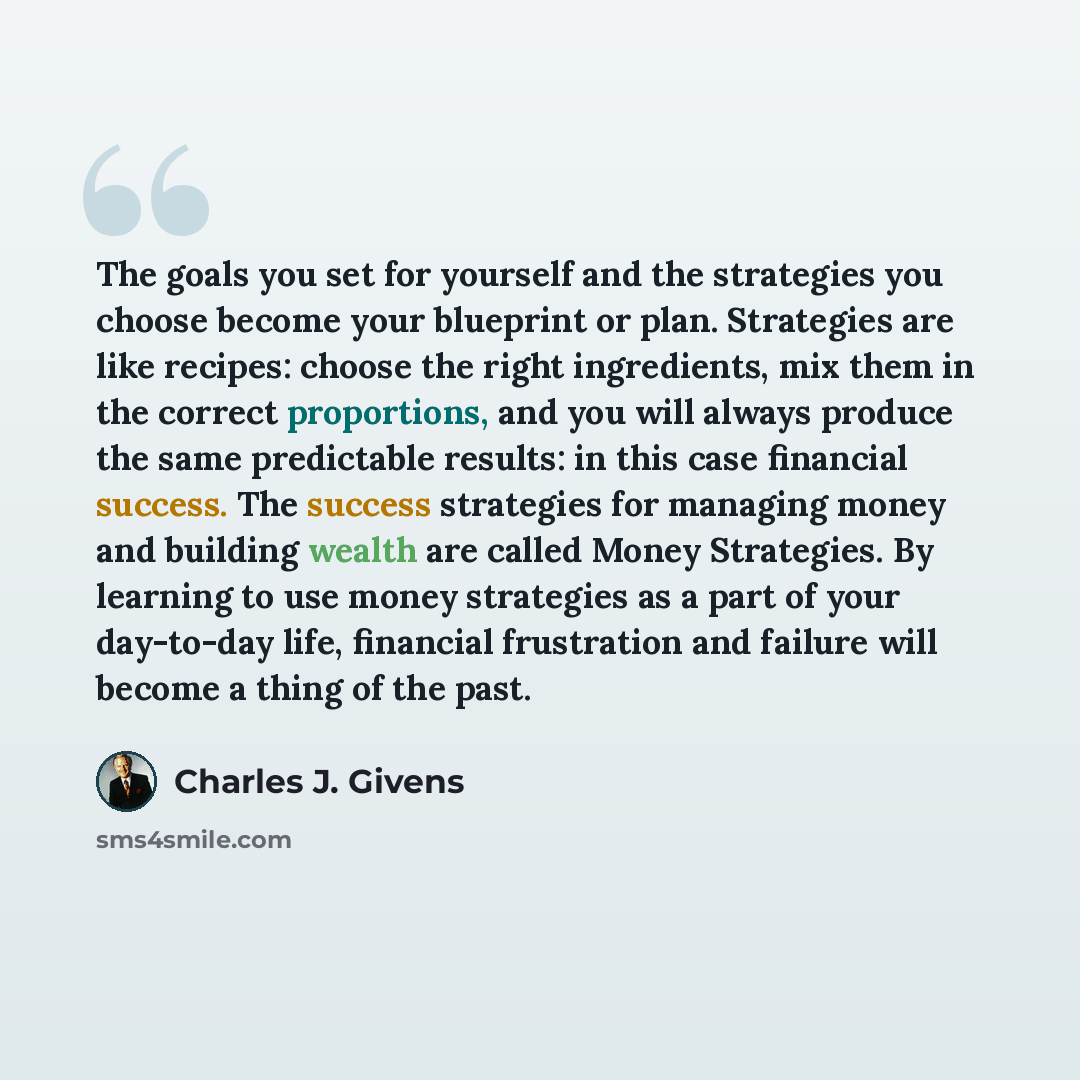 “The goals you set for yourself and the strategies you choose become your blueprint or plan. Strategies are like recipes: choose the right ingredients, mix them in the correct proportions, and you will always produce the same predictable results: in this case financial success. The success…” quote by Charles J. Givens