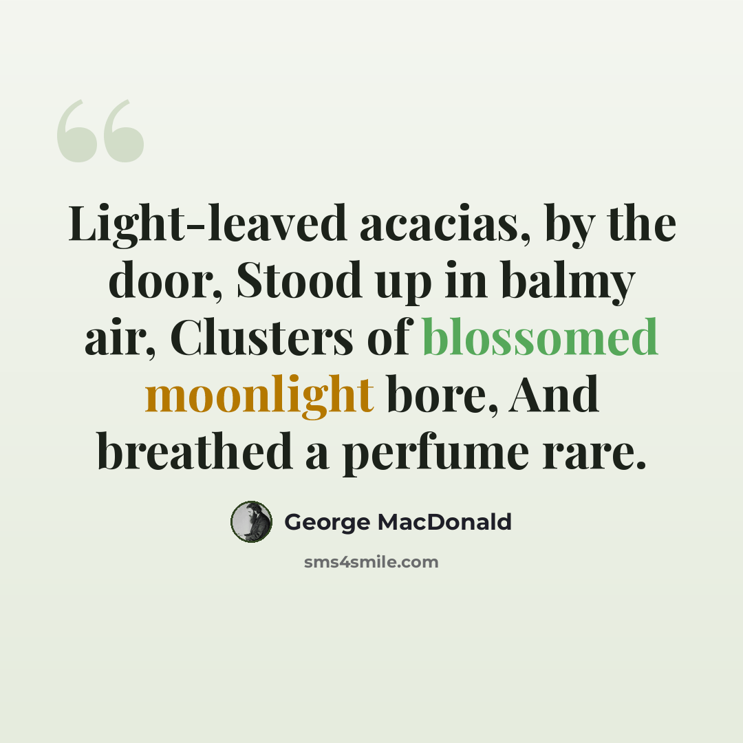 “Light-leaved acacias, by the door, Stood up in balmy air, Clusters of blossomed moonlight bore, And breathed a perfume rare.” quote by George MacDonald