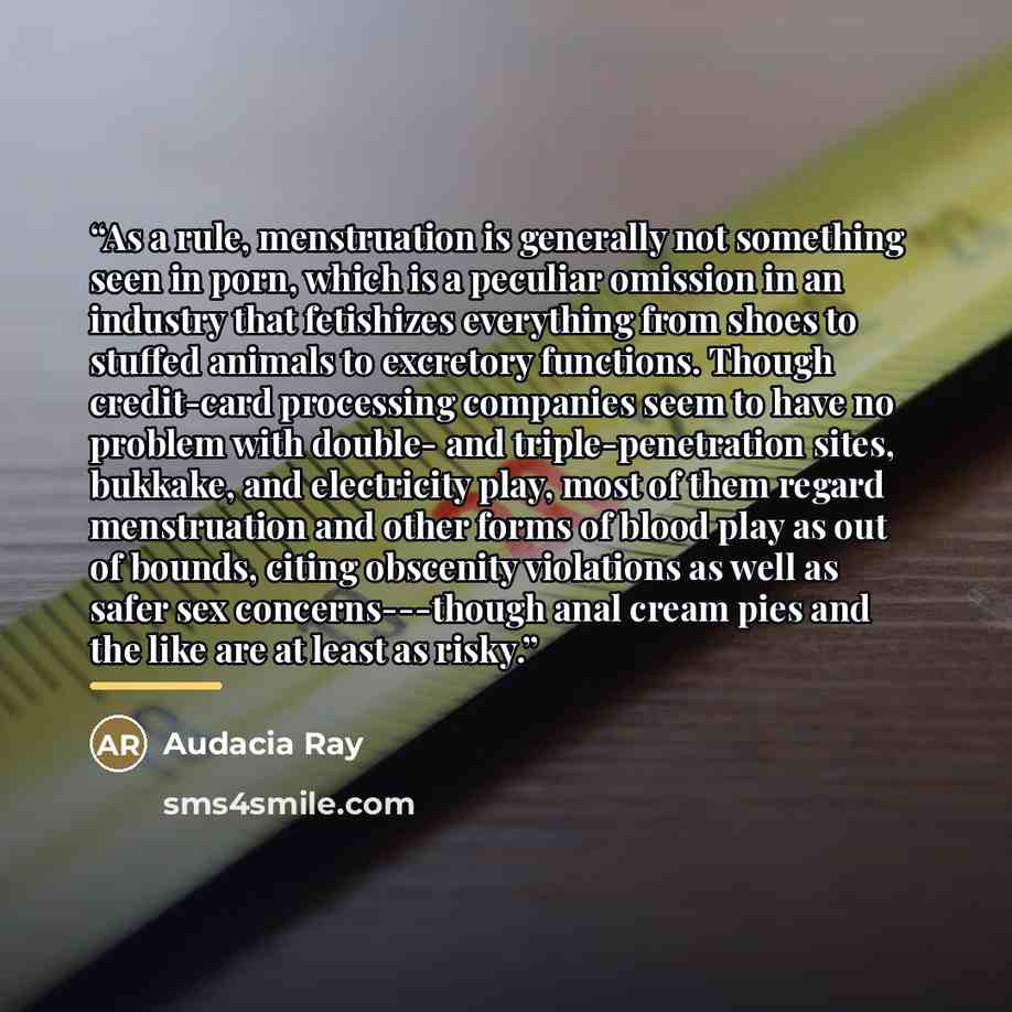 “As a rule, menstruation is generally not something seen in porn, which is a peculiar omission in an industry that fetishizes everything from shoes to stuffed animals to excretory functions. Though credit-card processing companies seem to have no problem with double- and triple-penetration sites…” quote by Audacia Ray