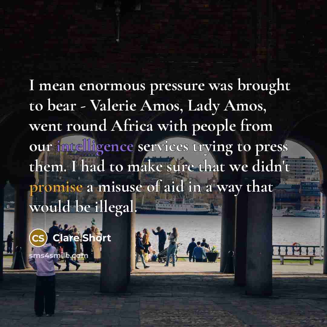 “I mean enormous pressure was brought to bear - Valerie Amos, Lady Amos, went round Africa with people from our intelligence services trying to press them. I had to make sure that we didn't promise a misuse of aid in a way that would be illegal.” quote by Clare Short