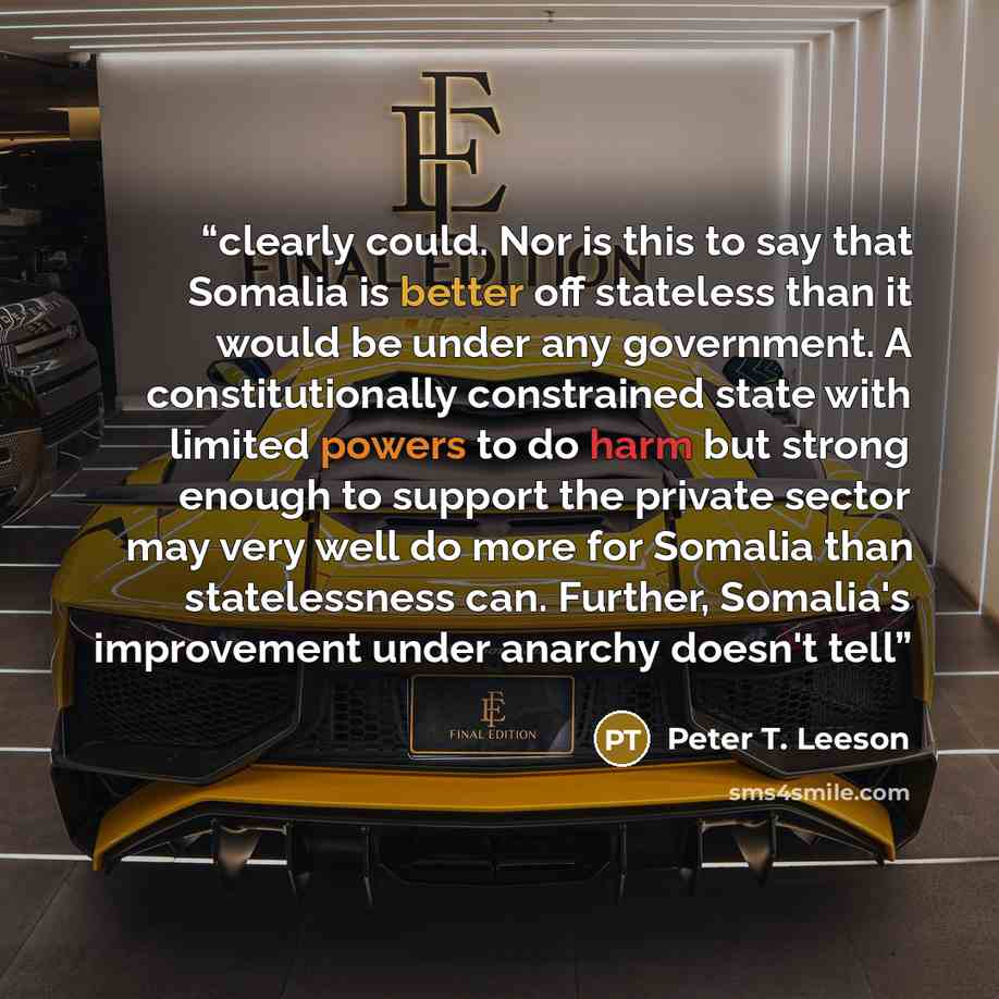“clearly could. Nor is this to say that Somalia is better off stateless than it would be under any government. A constitutionally constrained state with limited powers to do harm but strong enough to support the private sector may very well do more for Somalia than statelessness can. Further…” quote by Peter T. Leeson