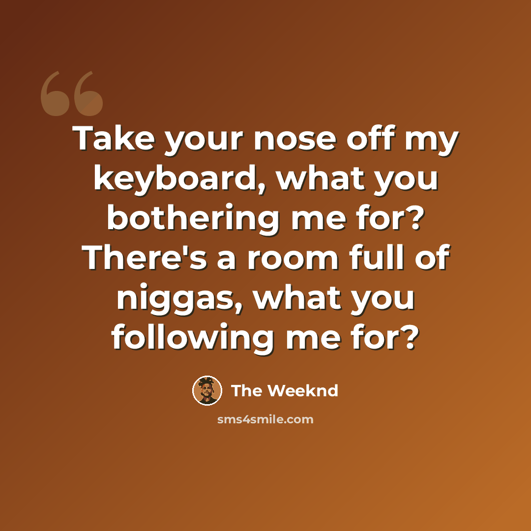 “Take your nose off my keyboard, what you bothering me for? There's a room full of niggas, what you following me for?” quote by The Weeknd