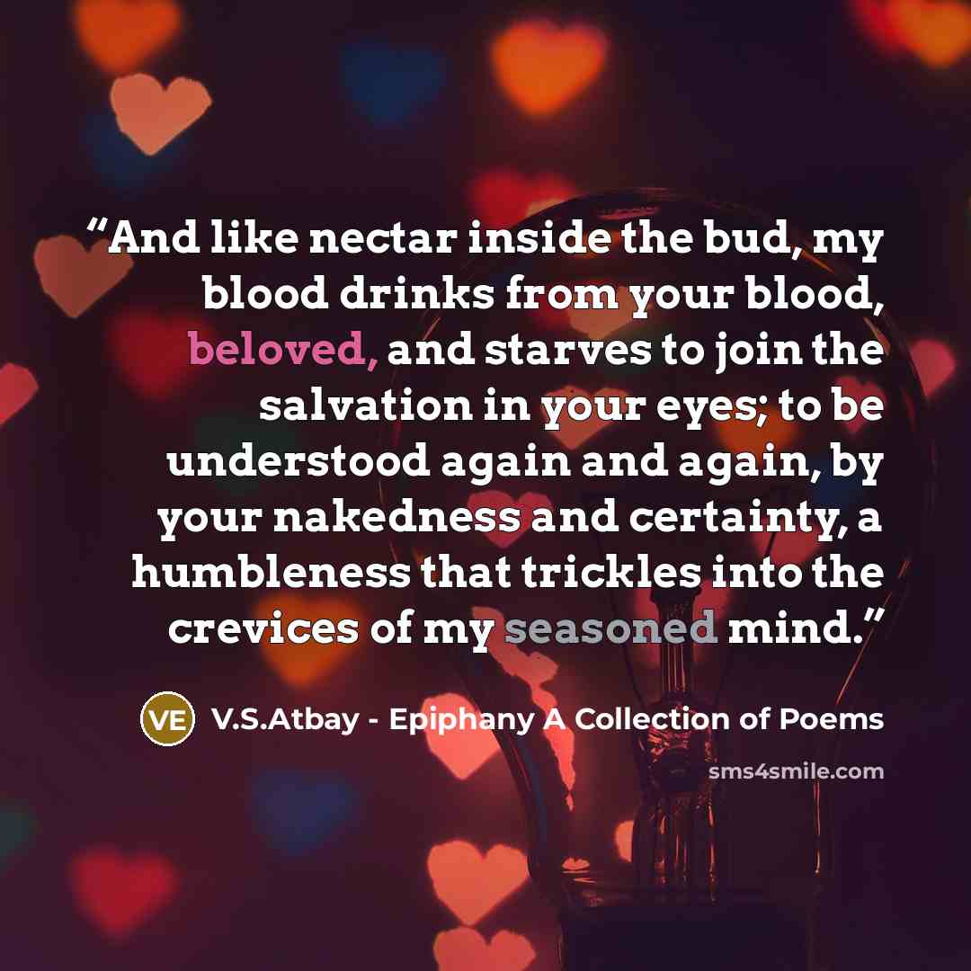 “And like nectar inside the bud, my blood drinks from your blood, beloved, and starves to join the salvation in your eyes; to be understood again and again, by your nakedness and certainty, a humbleness that trickles into the crevices of my seasoned mind.” quote by V.S.Atbay - Epiphany A Collection of Poems