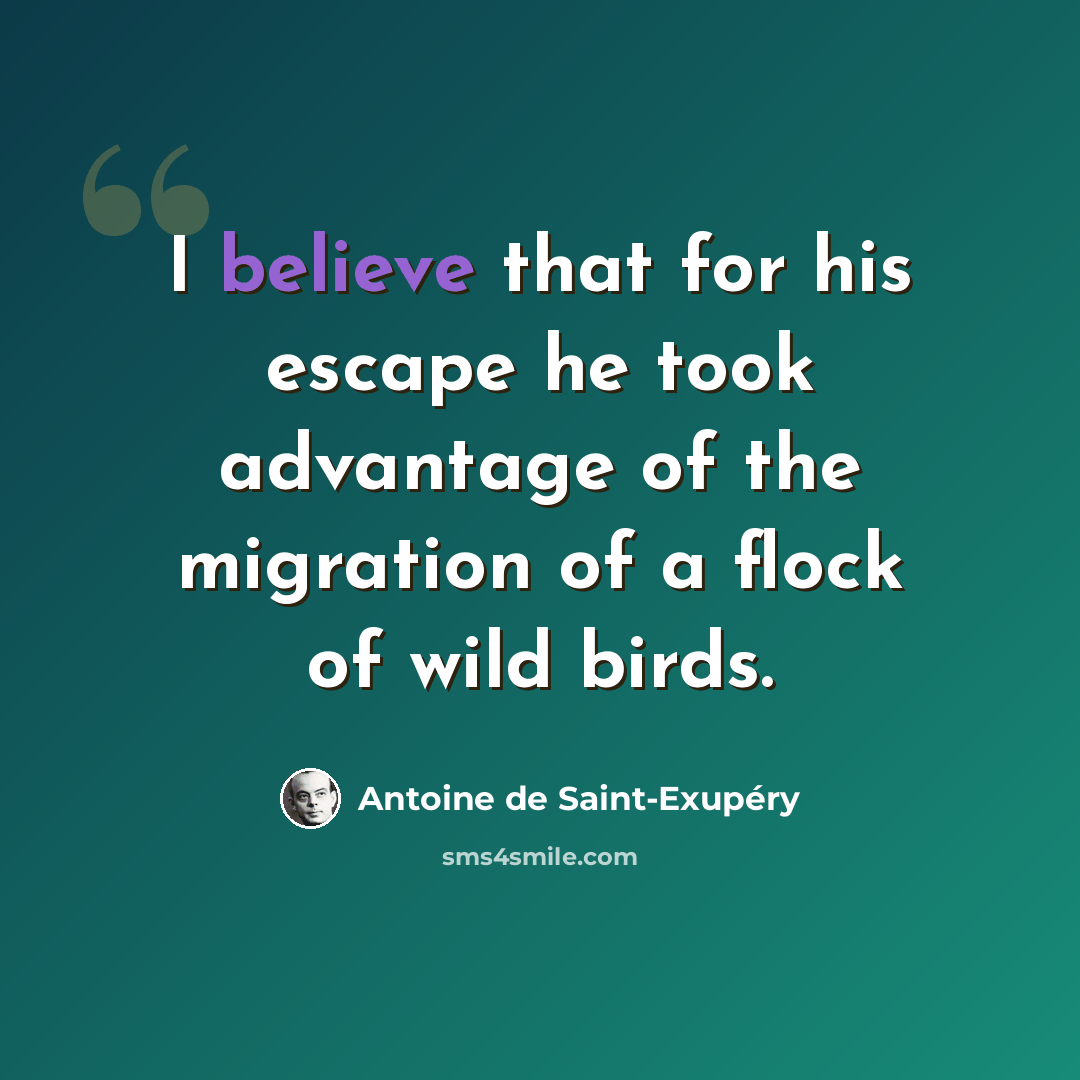 “I believe that for his escape he took advantage of the migration of a flock of wild birds.” quote by Antoine de Saint-Exupery