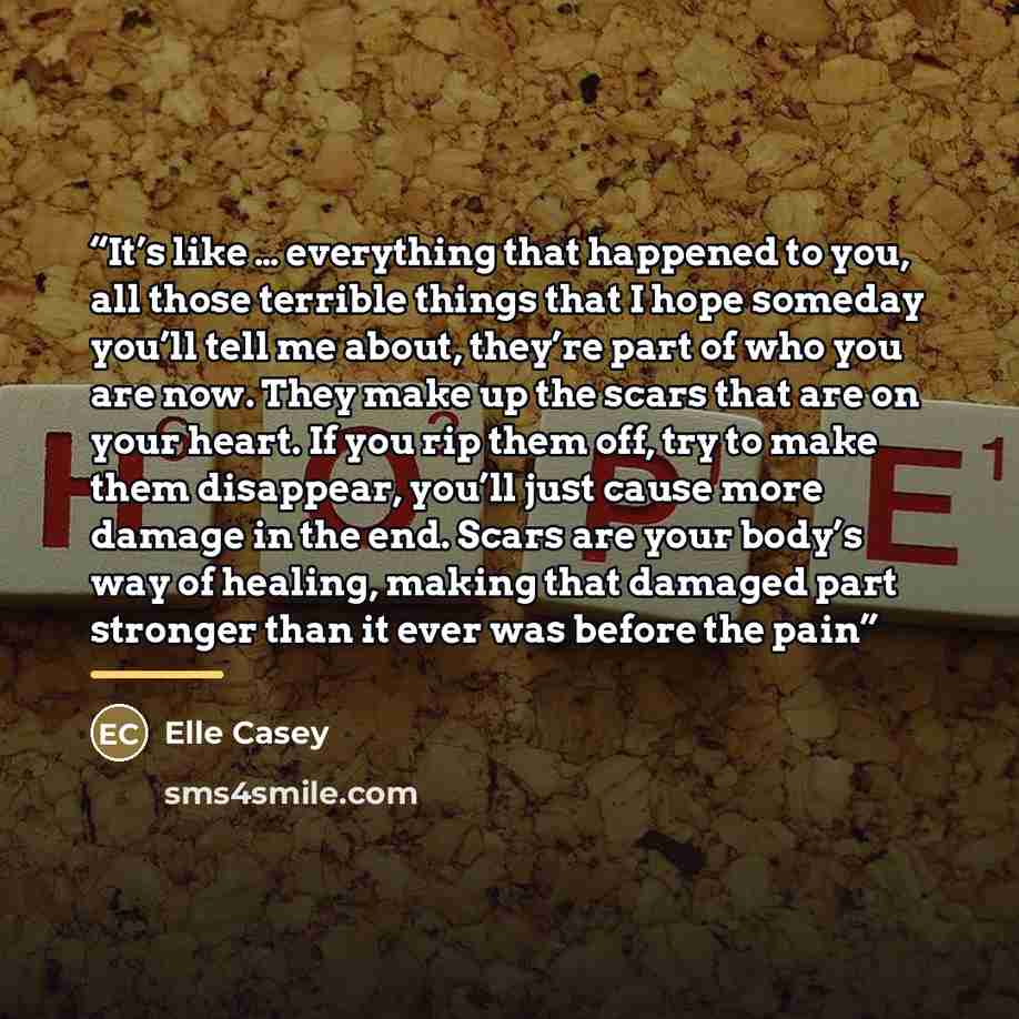 “It’s like … everything that happened to you, all those terrible things that I hope someday you’ll tell me about, they’re part of who you are now. They make up the scars that are on your heart. If you rip them off, try to make them disappear, you’ll just cause more damage in the end. Scars are your…” quote by Elle Casey