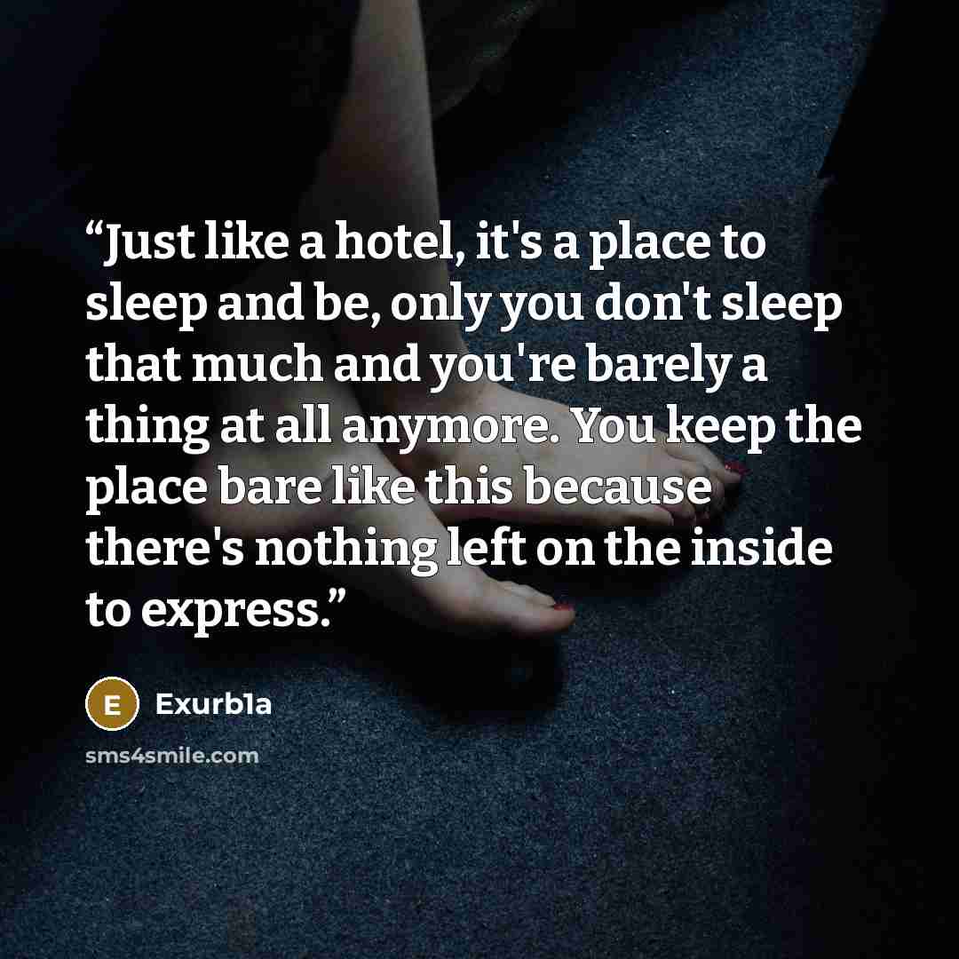 “Just like a hotel, it's a place to sleep and be, only you don't sleep that much and you're barely a thing at all anymore. You keep the place bare like this because there's nothing left on the inside to express.” quote by Exurb1a