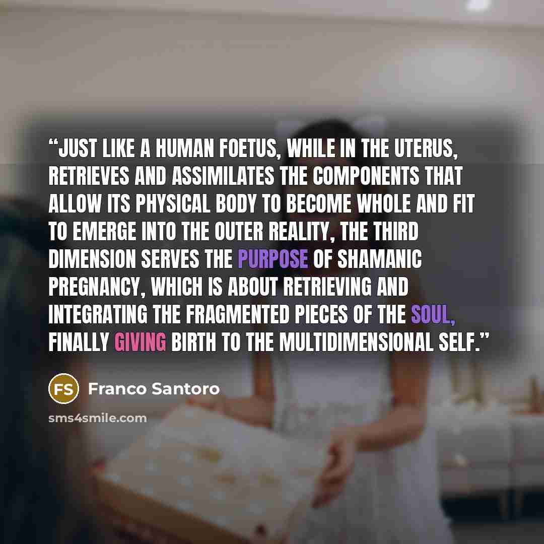 “Just like a human foetus, while in the uterus, retrieves and assimilates the components that allow its physical body to become whole and fit to emerge into the outer reality, the third dimension serves the purpose of shamanic pregnancy, which is about retrieving and integrating the fragmented…” quote by Franco Santoro