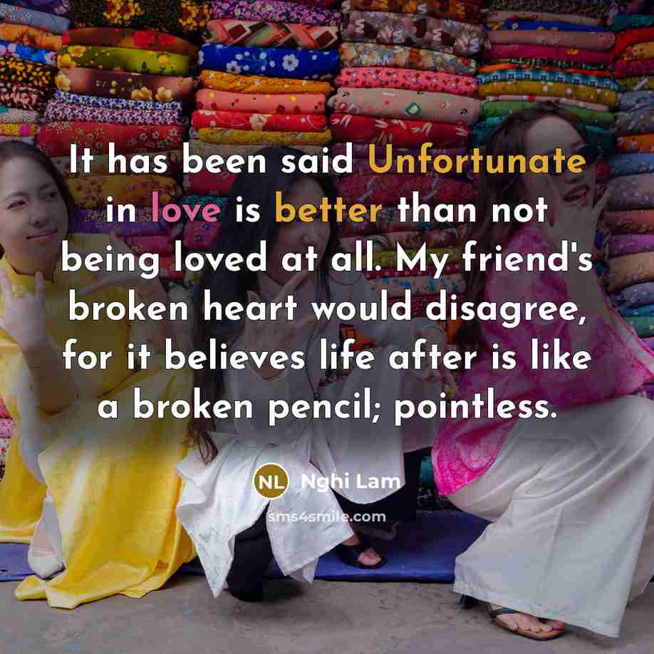 “It has been said Unfortunate in love is better than not being loved at all. My friend's broken heart would disagree, for it believes life after is like a broken pencil; pointless.” quote by Nghi Lam