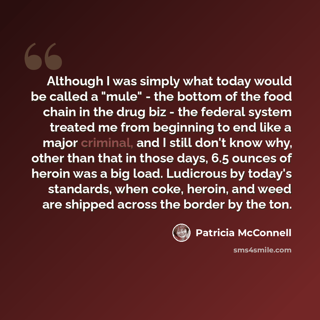 “Although I was simply what today would be called a "mule" - the bottom of the food chain in the drug biz - the federal system treated me from beginning to end like a major criminal, and I still don't know why, other than that in those days, 6.5 ounces of heroin was a big load. Ludicrous by today's…” quote by Patricia McConnell