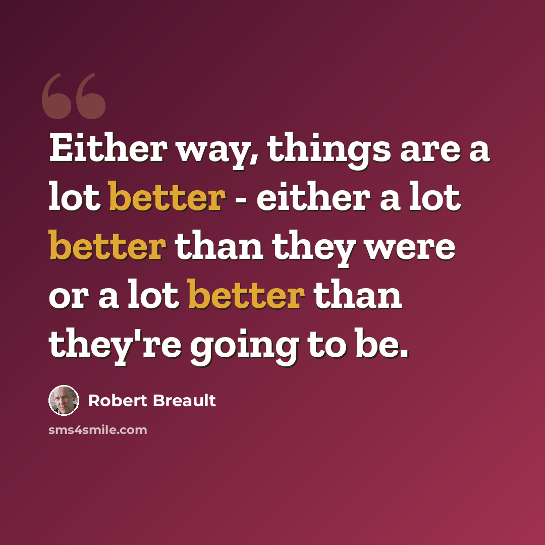 “Either way, things are a lot better - either a lot better than they were or a lot better than they're going to be.” quote by Robert Breault