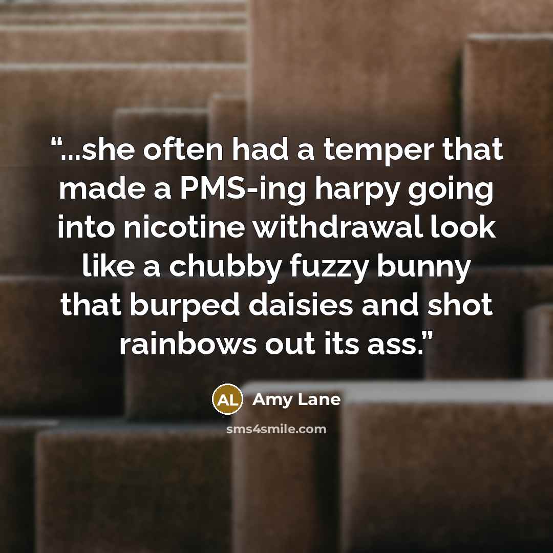 “...she often had a temper that made a PMS-ing harpy going into nicotine withdrawal look like a chubby fuzzy bunny that burped daisies and shot rainbows out its ass.” quote by Amy Lane