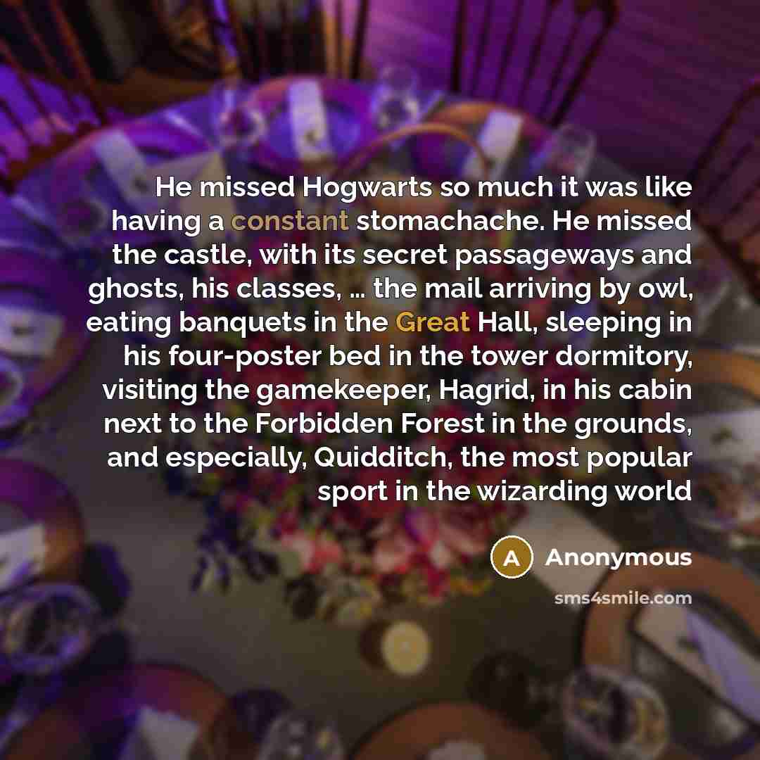 “He missed Hogwarts so much it was like having a constant stomachache. He missed the castle, with its secret passageways and ghosts, his classes, … the mail arriving by owl, eating banquets in the Great Hall, sleeping in his four-poster bed in the tower dormitory, visiting the gamekeeper, Hagrid…” quote by Anonymous
