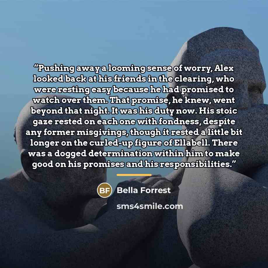“Pushing away a looming sense of worry, Alex looked back at his friends in the clearing, who were resting easy because he had promised to watch over them. That promise, he knew, went beyond that night. It was his duty now. His stoic gaze rested on each one with fondness, despite any former…” quote by Bella Forrest