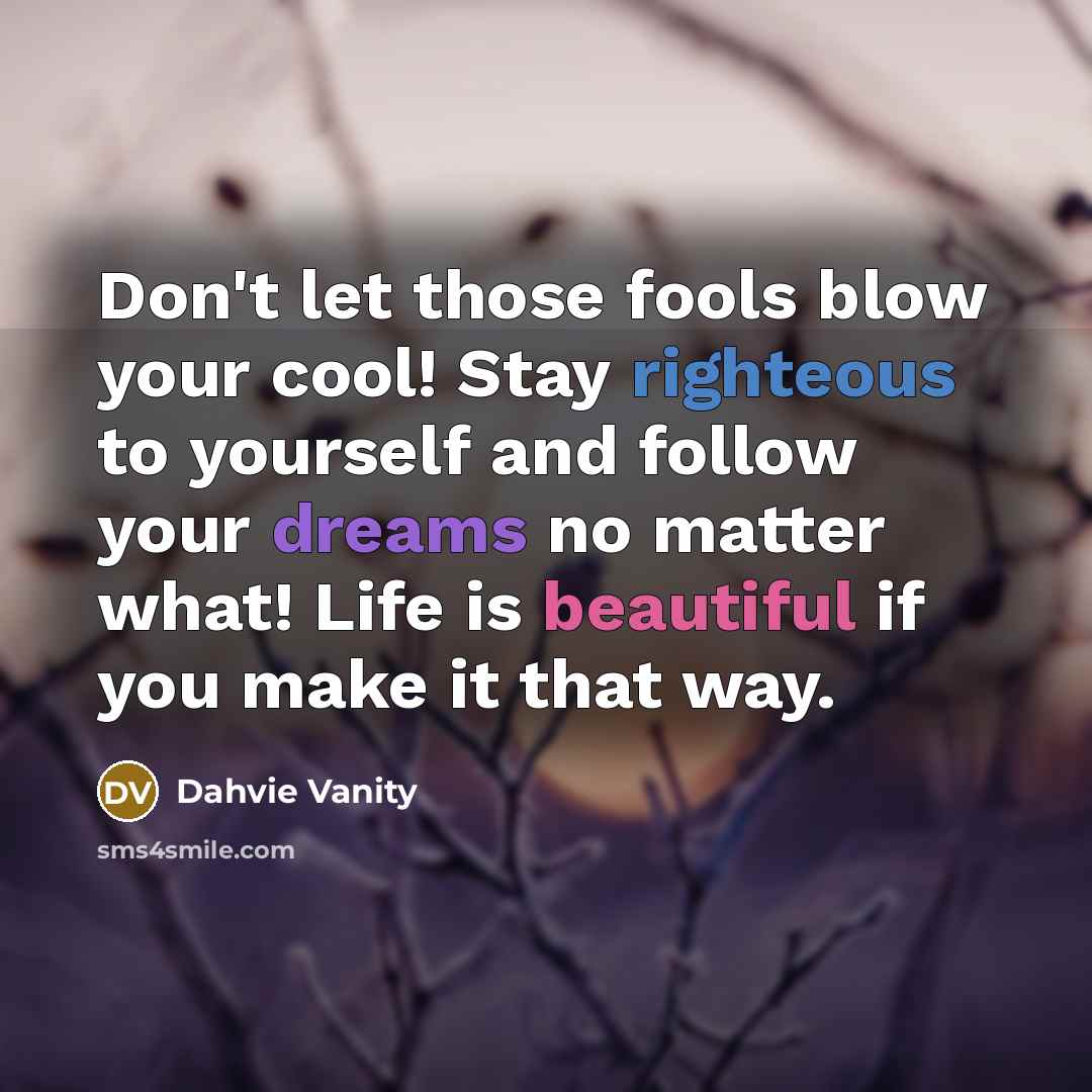 “Don't let those fools blow your cool! Stay righteous to yourself and follow your dreams no matter what! Life is beautiful if you make it that way.” quote by Dahvie Vanity