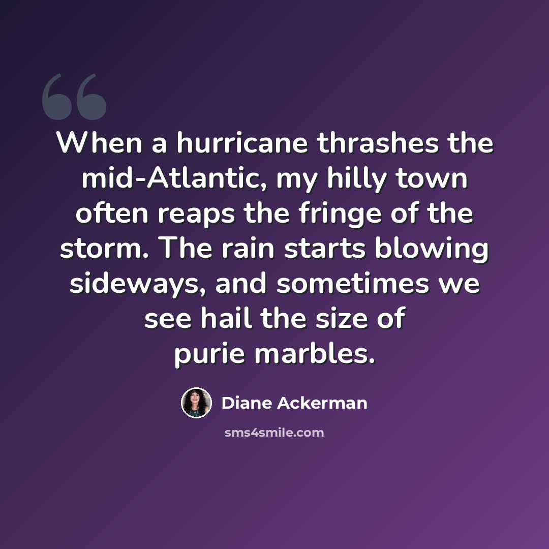 “When a hurricane thrashes the mid-Atlantic, my hilly town often reaps the fringe of the storm. The rain starts blowing sideways, and sometimes we see hail the size of purie marbles.” quote by Diane Ackerman