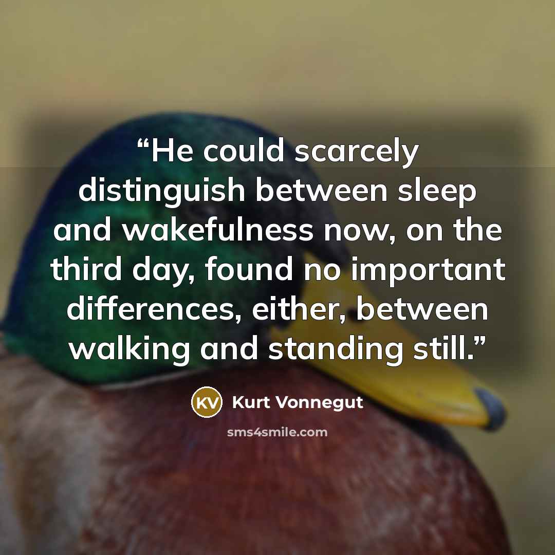 “He could scarcely distinguish between sleep and wakefulness now, on the third day, found no important differences, either, between walking and standing still.” quote by Kurt Vonnegut