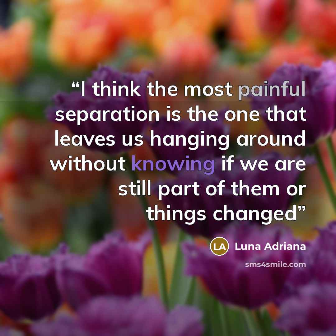 “I think the most painful separation is the one that leaves us hanging around without knowing if we are still part of them or things changed” quote by Luna Adriana