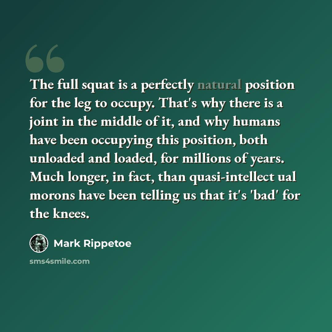 “The full squat is a perfectly natural position for the leg to occupy. That's why there is a joint in the middle of it, and why humans have been occupying this position, both unloaded and loaded, for millions of years. Much longer, in fact, than quasi-intellect ual morons have been telling us that…” quote by Mark Rippetoe