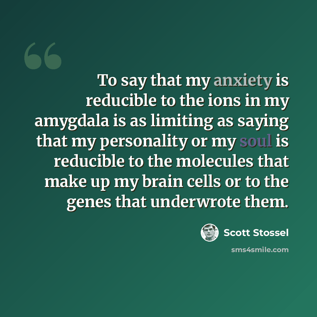“To say that my anxiety is reducible to the ions in my amygdala is as limiting as saying that my personality or my soul is reducible to the molecules that make up my brain cells or to the genes that underwrote them.” quote by Scott Stossel