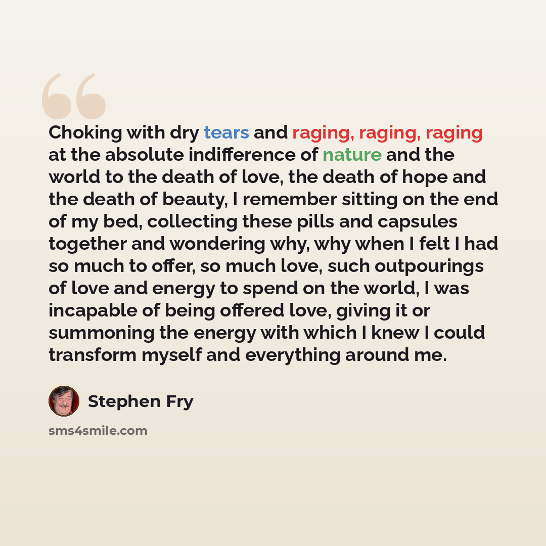 “Choking with dry tears and raging, raging, raging at the absolute indifference of nature and the world to the death of love, the death of hope and the death of beauty, I remember sitting on the end of my bed, collecting these pills and capsules together and wondering why, why when I felt I had so…” quote by Stephen Fry