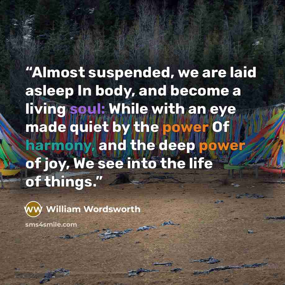“Almost suspended, we are laid asleep In body, and become a living soul: While with an eye made quiet by the power Of harmony, and the deep power of joy, We see into the life of things.” quote by William Wordsworth