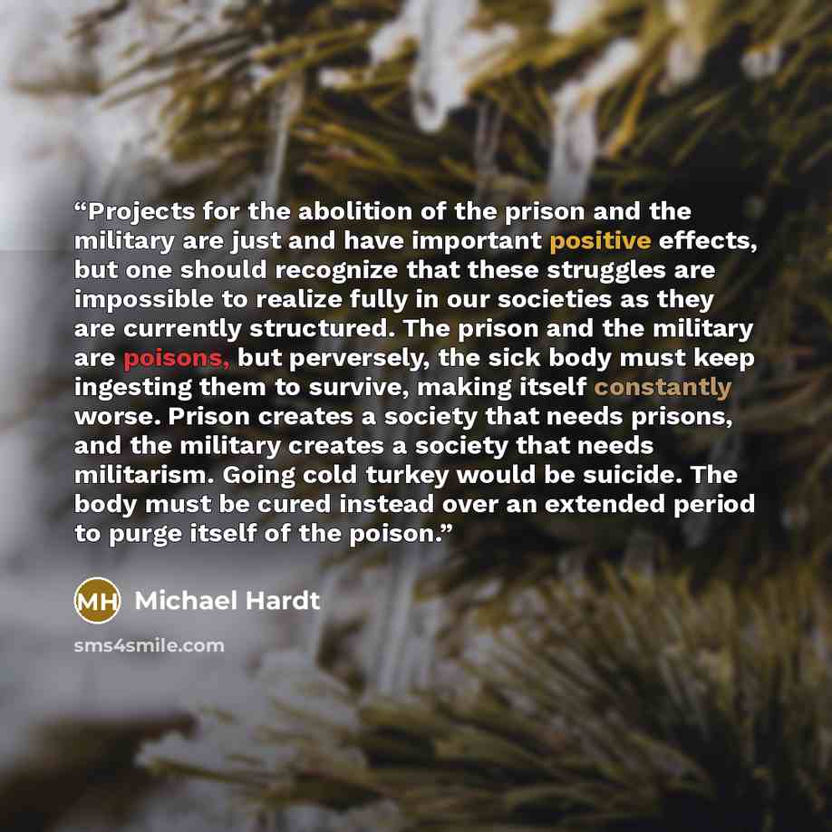 “Projects for the abolition of the prison and the military are just and have important positive effects, but one should recognize that these struggles are impossible to realize fully in our societies as they are currently structured. The prison and the military are poisons, but perversely, the sick…” quote by Michael Hardt