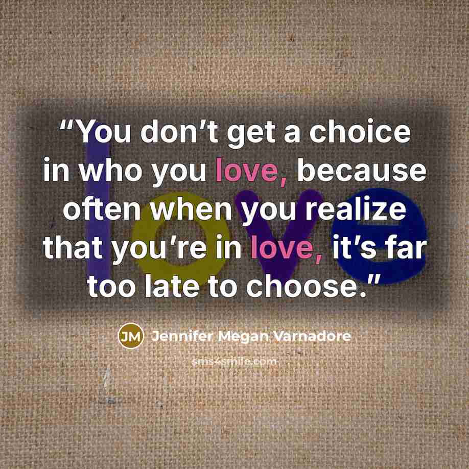 “You don’t get a choice in who you love, because often when you realize that you’re in love, it’s far too late to choose.” quote by Jennifer Megan Varnadore