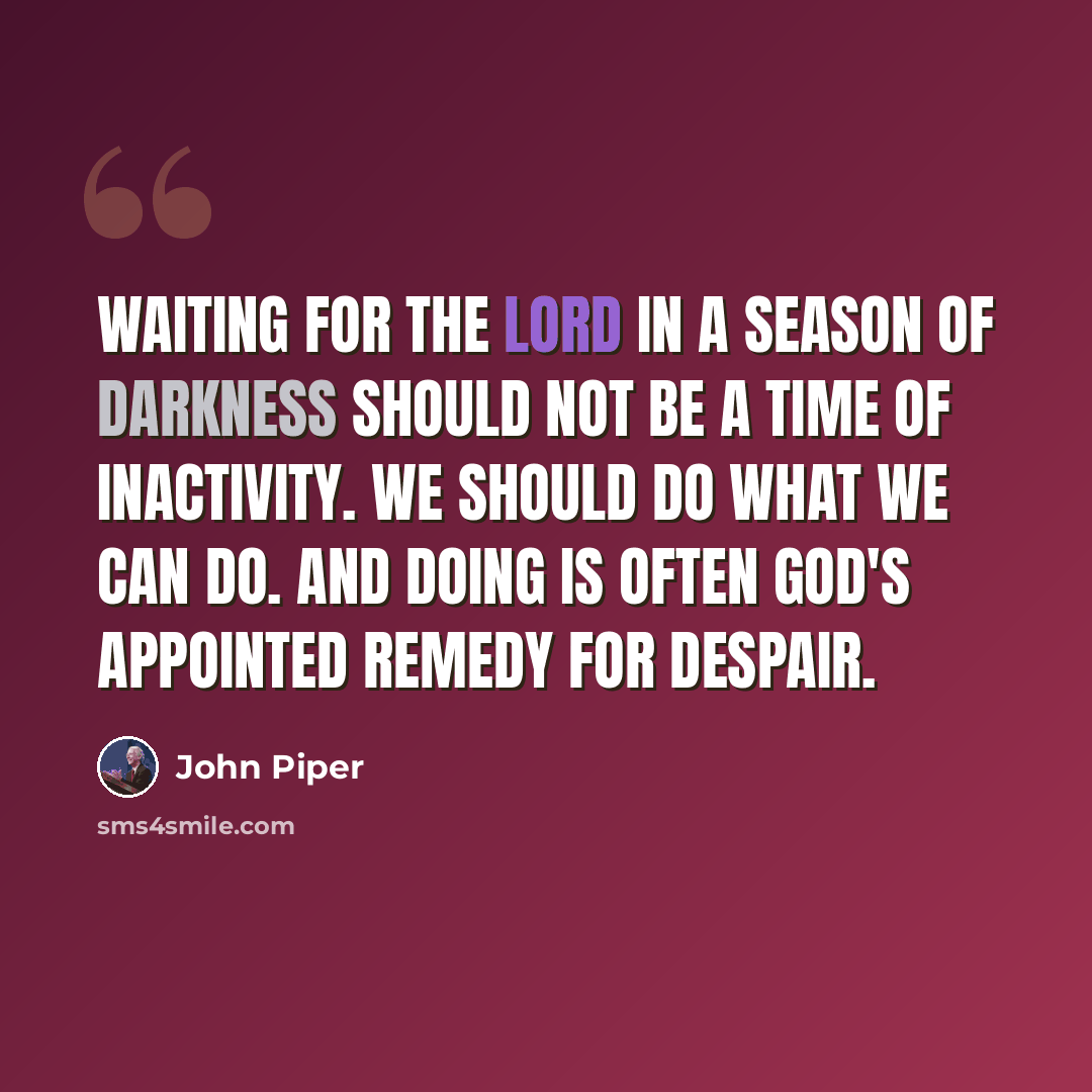 “Waiting for the Lord in a season of darkness should not be a time of inactivity. We should do what we can do. And doing is often God's appointed remedy for despair.” quote by John Piper