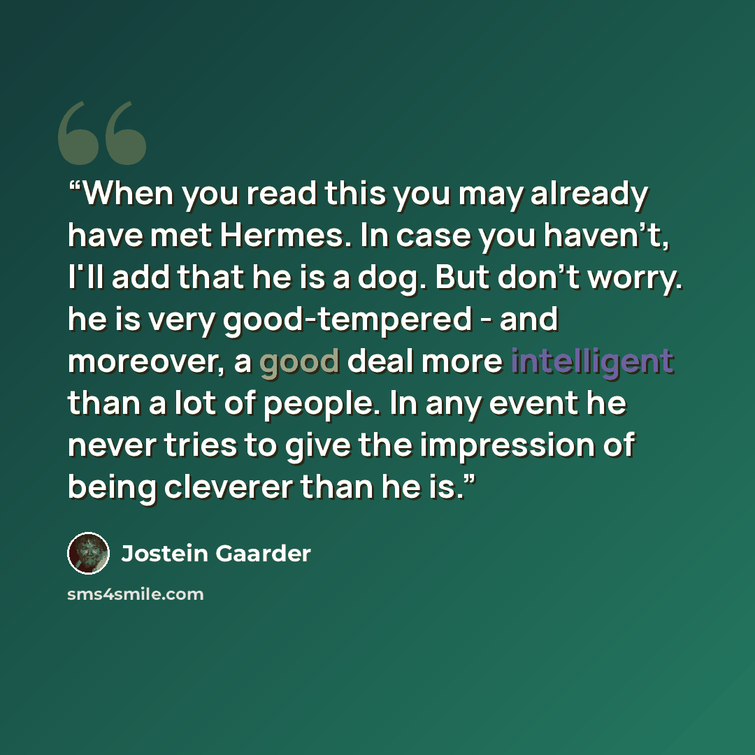 “When you read this you may already have met Hermes. In case you haven't, I'll add that he is a dog. But don't worry. he is very good-tempered - and moreover, a good deal more intelligent than a lot of people. In any event he never tries to give the impression of being cleverer than he is.” quote by Jostein Gaarder