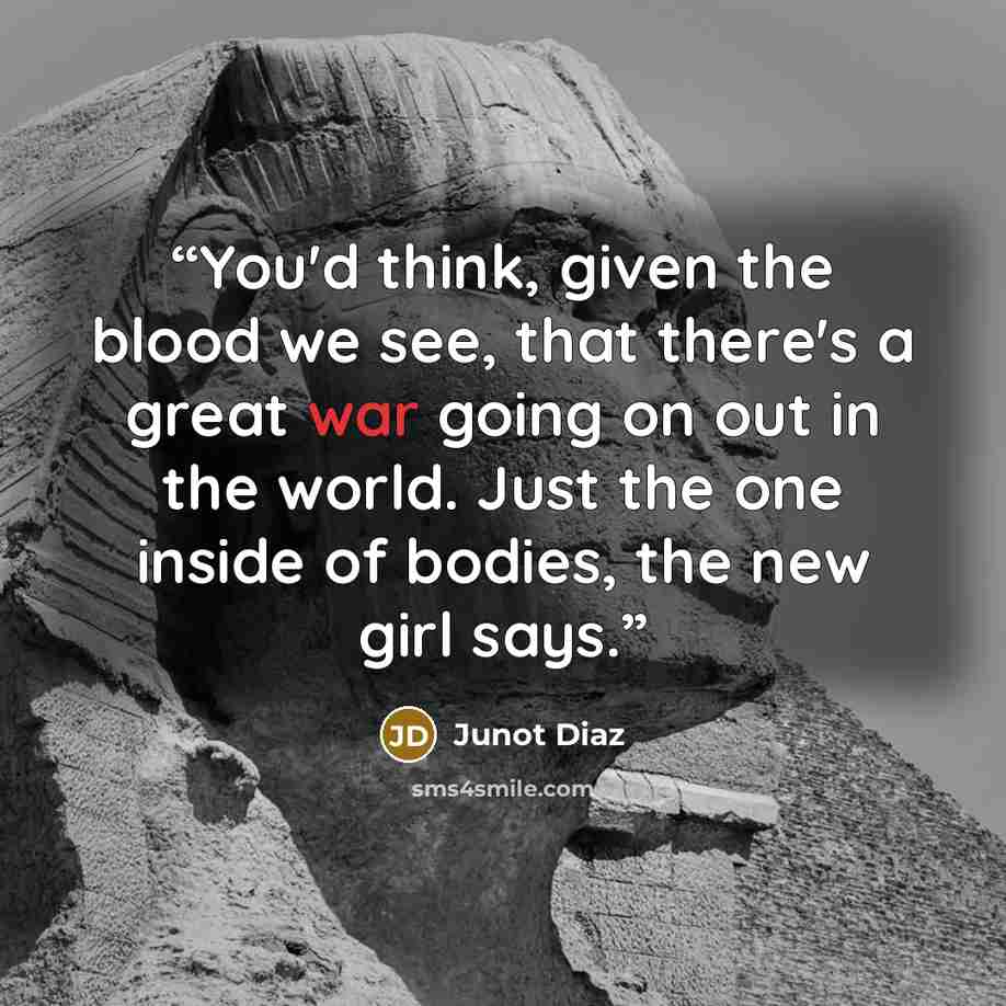 “You'd think, given the blood we see, that there's a great war going on out in the world. Just the one inside of bodies, the new girl says.” quote by Junot Díaz