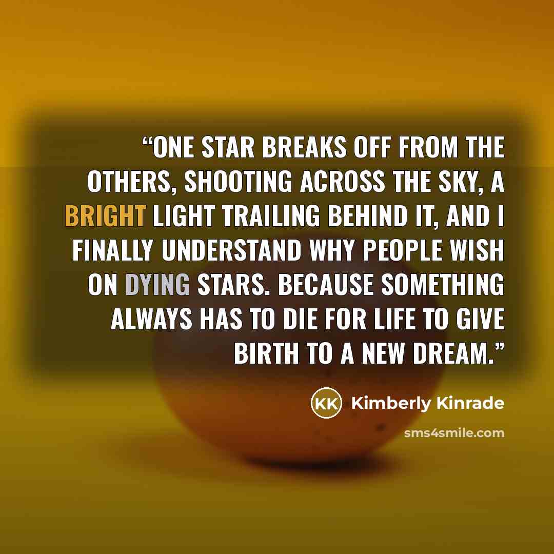 “One star breaks off from the others, shooting across the sky, a bright light trailing behind it, and I finally understand why people wish on dying stars. Because something always has to die for life to give birth to a new dream.” quote by Kimberly Kinrade