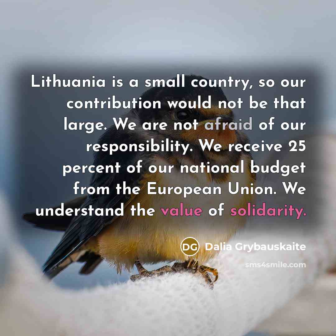 “Lithuania is a small country, so our contribution would not be that large. We are not afraid of our responsibility. We receive 25 percent of our national budget from the European Union. We understand the value of solidarity.” quote by Dalia Grybauskaite