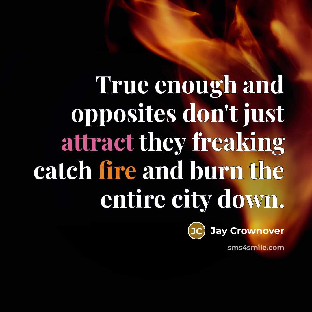 “True enough and opposites don't just attract they freaking catch fire and burn the entire city down.” quote by Jay Crownover