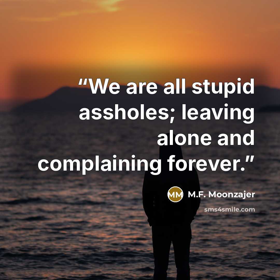 “We are all stupid assholes; leaving alone and complaining forever.” quote by M.F. Moonzajer