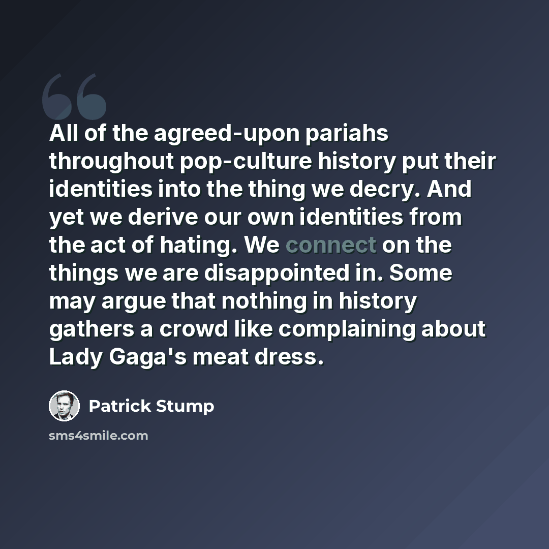 “All of the agreed-upon pariahs throughout pop-culture history put their identities into the thing we decry. And yet we derive our own identities from the act of hating. We connect on the things we are disappointed in. Some may argue that nothing in history gathers a crowd like complaining about…” quote by Patrick Stump