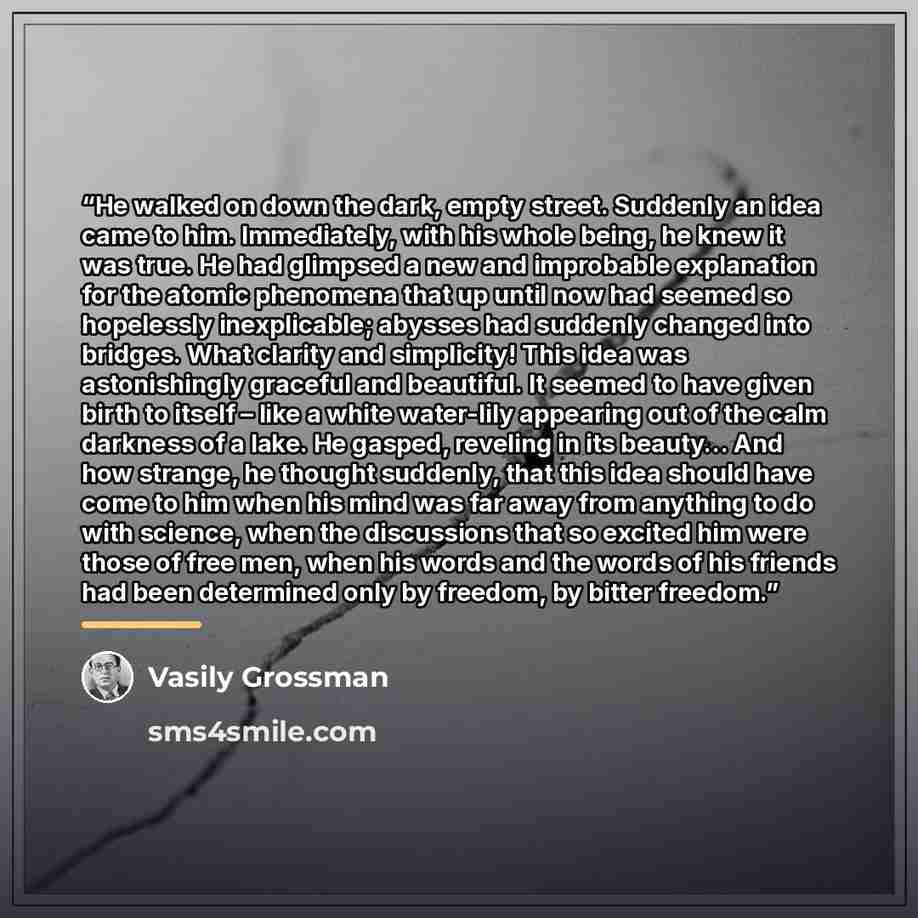 “He walked on down the dark, empty street. Suddenly an idea came to him. Immediately, with his whole being, he knew it was true. He had glimpsed a new and improbable explanation for the atomic phenomena that up until now had seemed so hopelessly inexplicable; abysses had suddenly changed into…” quote by Vasily Grossman