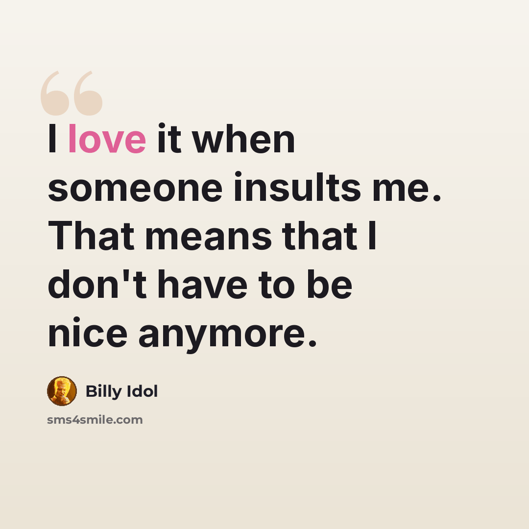 “I love it when someone insults me. That means that I don't have to be nice anymore.” quote by Billy Idol
