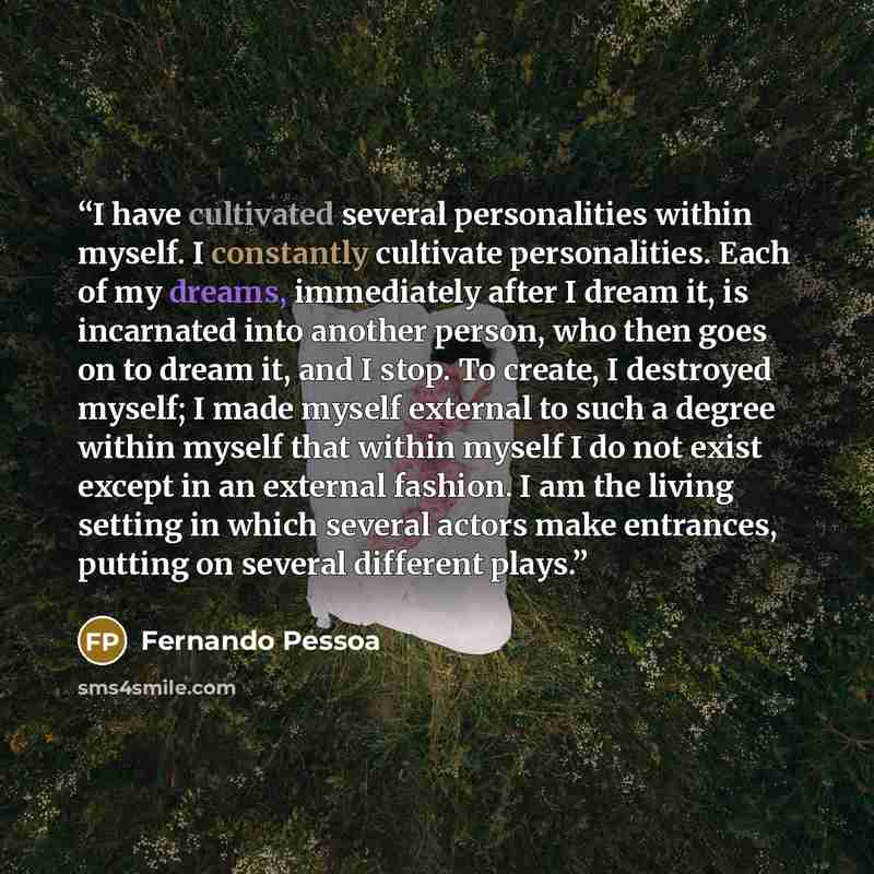 “I have cultivated several personalities within myself. I constantly cultivate personalities. Each of my dreams, immediately after I dream it, is incarnated into another person, who then goes on to dream it, and I stop. To create, I destroyed myself; I made myself external to such a degree within…” quote by Fernando Pessoa