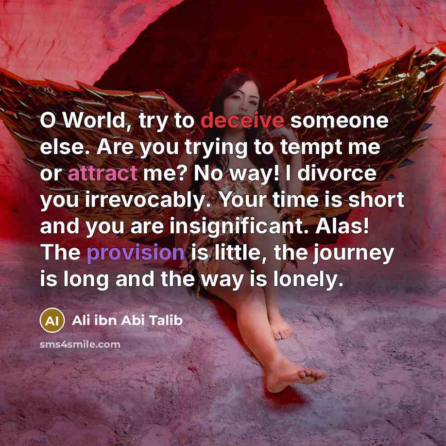 “O World, try to deceive someone else. Are you trying to tempt me or attract me? No way! I divorce you irrevocably. Your time is short and you are insignificant. Alas! The provision is little, the journey is long and the way is lonely.” quote by Ali ibn Abi Talib